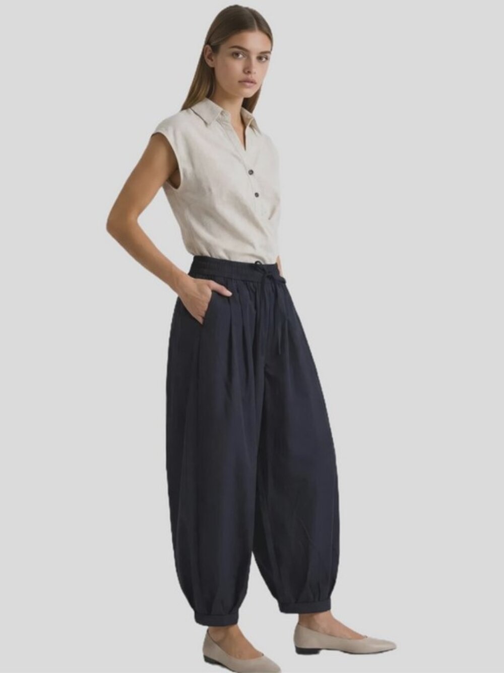 Black Cotton Balloon Leg Pants